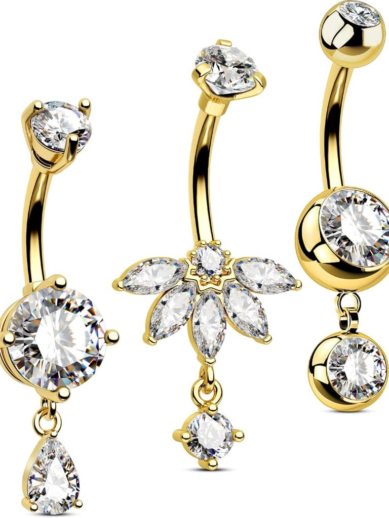 3pcs Gold Dangle Belly Button Rings 316l Surgical Steel Belly Rings For Women D